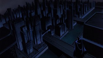 Movie still from “Batman: Mask of the Phantasm” (1993), directed by Kevin Altieri – A cartoon of a batman in a city at night; Extreme Wide shot, High angle