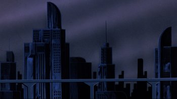 Movie still from “Batman: Mask of the Phantasm” (1993), directed by Kevin Altieri – A city skyline with a dark sky in the background; Wide shot, Low angle