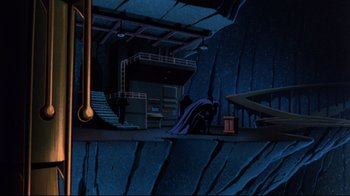 Movie still from “Batman: Mask of the Phantasm” (1993), directed by Kevin Altieri – A scene of batman and robin in the dark; Extreme Wide shot, High angle