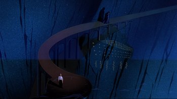 Movie still from “Batman: Mask of the Phantasm” (1993), directed by Kevin Altieri – A man standing in front of a boat in the dark; Extreme Wide shot, High angle