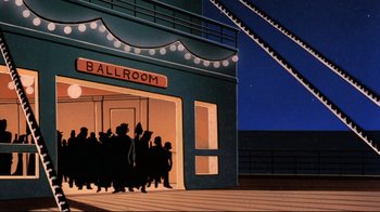 Movie still from “Batman: Mask of the Phantasm” (1993), directed by Kevin Altieri – A group of people standing in front of a building; Extreme Wide shot, Low angle