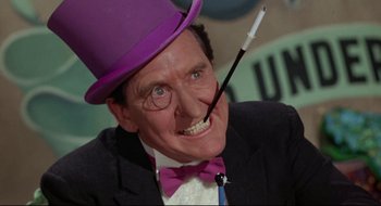 Movie still from “Batman: The Movie” (1966), directed by Leslie H. Martinson – A person wearing a purple hat; Close Up shot, Low angle