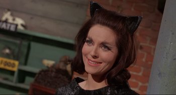 Movie still from “Batman: The Movie” (1966), directed by Leslie H. Martinson – A person wearing a cat costume; Close Up shot, High angle
