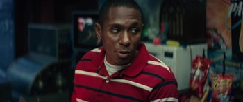 Movie still from “Be Kind Rewind” (2008), directed by Michel Gondry – A person wearing a red and white striped shirt; Close Up shot, Low angle