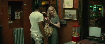 Movie still from “Be Kind Rewind” (2008), directed by Michel Gondry – A woman talking to a young man in front of a store; Medium shot, Over the shoulder angle