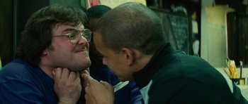 Movie still from “Be Kind Rewind” (2008), directed by Michel Gondry – Two men are talking to each other in a room; Close Up shot, Over the shoulder angle