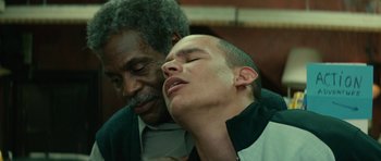 Movie still from “Be Kind Rewind” (2008), directed by Michel Gondry – A man with his eyes closed and a man with his hands on his chest; Close Up shot, Low angle