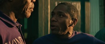 Movie still from “Be Kind Rewind” (2008), directed by Michel Gondry – A person talking to another person; Close Up shot, Over the shoulder angle