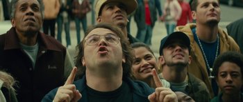 Movie still from “Be Kind Rewind” (2008), directed by Michel Gondry – A group of people standing next to each other on a street; Close Up shot, Low angle