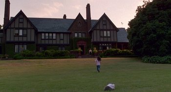 Movie still from “Beaches” (1988), directed by Garry Marshall – A little girl is playing with a cat in a yard; Extreme Wide shot, Low angle
