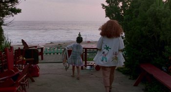 Movie still from “Beaches” (1988), directed by Garry Marshall – A woman and a child walking by the ocean; Extreme Wide shot, Over the shoulder angle