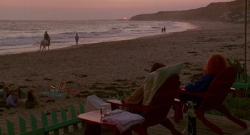 Movie still from “Beaches” (1988), directed by Garry Marshall – A person sitting in a chair on the beach; Extreme Wide shot, High angle