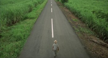 Movie still from “Before Night Falls” (2000), directed by Julian Schnabel – A man walking down the middle of a road; Extreme Wide shot, High angle