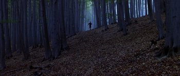 Movie still from “Behind Enemy Lines” (2001), directed by John Moore – A person walking through the woods at night; Extreme Wide shot, High angle