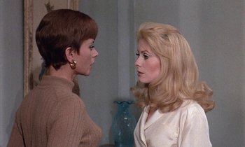 Movie still from “Belle de Jour” (1967), directed by Luis Buñuel – Two women talking to each other in front of a blue vase; Close Up shot, Over the shoulder angle