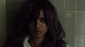 Movie still from “Beyond the Lights” (2014), directed by Gina Prince-Bythewood – A person with purple hair; Close Up shot, High angle