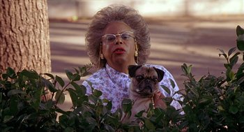 Movie still from “Big Momma's House” (2000), directed by Raja Gosnell – An older woman holding a pug dog in a bush; Medium shot, Over the shoulder angle