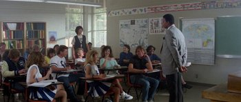 Movie still from “Bill & Ted's Excellent Adventure” (1989), directed by Stephen Herek – A group of people sitting in a classroom; Wide shot, Over the shoulder angle