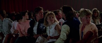 Movie still from “Bill & Ted's Excellent Adventure” (1989), directed by Stephen Herek – A group of people sitting in a room together; Medium shot, Over the shoulder angle