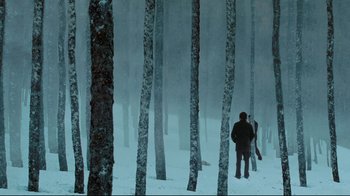 Movie still from “Biutiful” (2010), directed by Alejandro G. Iñárritu – A man standing in the woods with a snowboard; Extreme Wide shot, Low angle