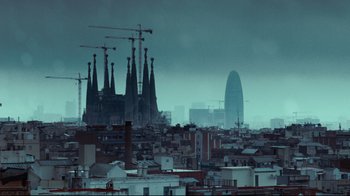 Movie still from “Biutiful” (2010), directed by Alejandro G. Iñárritu – A view of a city skyline with a cathedral in the background; Extreme Wide shot, Low angle
