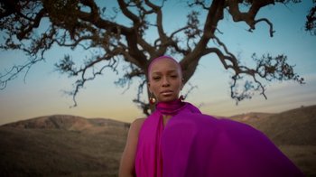 Movie still from “Black Is King” (2020), directed by Julian Klincewicz – A woman in a purple dress standing in front of a tree; Medium shot, Low angle