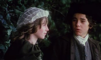 Movie still from “Black Jack” (1979), directed by Ken Loach – Two young people dressed in period clothing; Medium shot, Over the shoulder angle