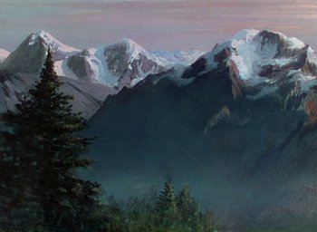 Movie still from “Black Narcissus” (1947), directed by Emeric Pressburger – A painting of a mountain range with snow on it; Extreme Wide shot, Low angle