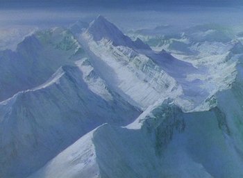 Movie still from “Black Narcissus” (1947), directed by Emeric Pressburger – An aerial view of a snowy mountain range; Extreme Wide shot, High angle