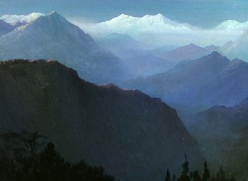 Movie still from “Black Narcissus” (1947), directed by Emeric Pressburger – A painting of a mountain range with snow on it; Extreme Wide shot, High angle