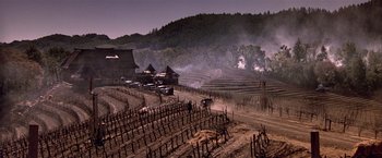 Movie still from “Black Rain” (1989), directed by Ridley Scott – A vineyard with a bunch of trees in the background; Extreme Wide shot, High angle