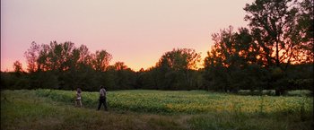 Movie still from “Black Snake Moan” (2006), directed by Craig Brewer – A person walking through a field of sunflowers at sunset; Extreme Wide shot, Over the shoulder angle