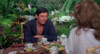 Movie still from “Blame It on Rio” (1984), directed by Stanley Donen – A man sitting at a table with a woman; Medium shot, Over the shoulder angle