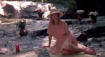 Movie still from “Blame It on Rio” (1984), directed by Stanley Donen – A woman in a pink dress sitting on the ground near a waterfall; Wide shot, High angle
