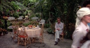 Movie still from “Blame It on Rio” (1984), directed by Stanley Donen – A man sitting at a table in a garden setting; Wide shot, High angle
