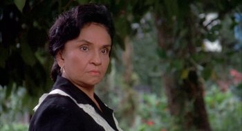 Movie still from “Blame It on Rio” (1984), directed by Stanley Donen – An older woman in a black and white shirt; Close Up shot, Low angle