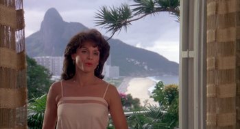 Movie still from “Blame It on Rio” (1984), directed by Stanley Donen – A woman standing in front of a window with mountains in the background; Medium shot, Low angle