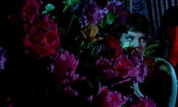 Movie still from “Blood and Black Lace” (1964), directed by Mario Bava – A woman looking through a bunch of purple flowers; Medium shot, Overhead angle