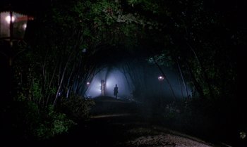 Movie still from “Blood and Black Lace” (1964), directed by Mario Bava – A person standing on a dirt road in the dark; Extreme Wide shot, High angle