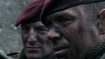 Movie still from “Bloody Sunday” (2002), directed by Paul Greengrass – Two men in military uniforms; Close Up shot, Over the shoulder angle