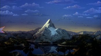 A painting of a mountain with a lake in the background