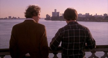Two men are looking out over the water at the city