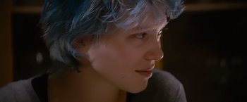 Movie still from “Blue Is the Warmest Colour” (2013), directed by Abdellatif Kechiche – A person with blue hair; Close Up shot, Over the shoulder angle