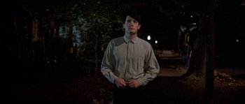 Movie still from “Blue Velvet” (1986), directed by David Lynch – A man standing in the dark with his hands in his pockets; Medium shot, Low angle