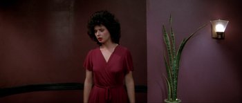Movie still from “Blue Velvet” (1986), directed by David Lynch – A woman in a red dress standing next to a plant; Medium shot, Low angle
