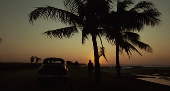 Movie still from “Boat People” (1982), directed by Ann Hui – A man standing next to a car under a palm tree at sunset; Extreme Wide shot, Low angle