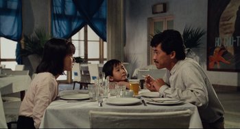 Movie still from “Boat People” (1982), directed by Ann Hui – A man and a woman sitting at a table with a little girl; Medium shot, Over the shoulder angle