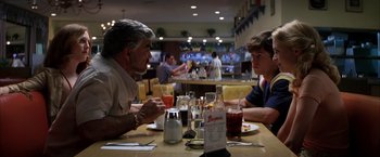 Movie still from “Boogie Nights” (1997), directed by Paul Thomas Anderson – Two men sitting at a table in a restaurant; Medium shot, Over the shoulder angle