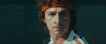 Movie still from “Borg vs. McEnroe” (2017), directed by Janus Metz – A person wearing a headband; Close Up shot, Low angle