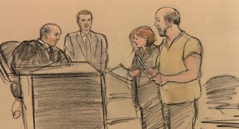 Movie still from “Bowling for Columbine” (2002), directed by Michael Moore – A court drawing of a man and a woman in front of a judge; Medium shot, Low angle
